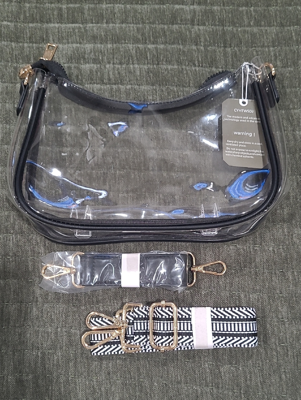 NWT Clear Crossbody Stadium Bag with Trendy Chevron Strap and Solid Black Strap